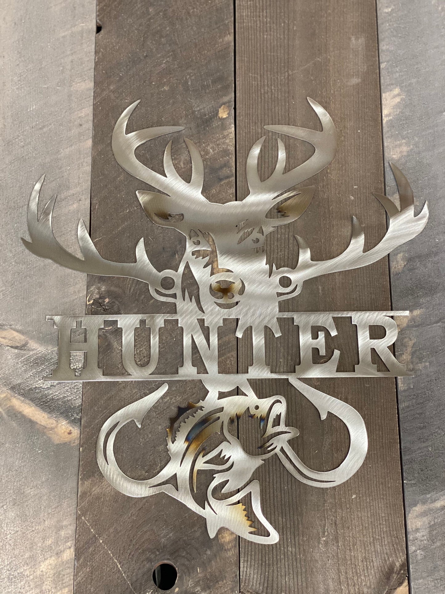Hunting sign, fishing sign, white tail, bass fishing metal decor, personalized sportsman’s sign