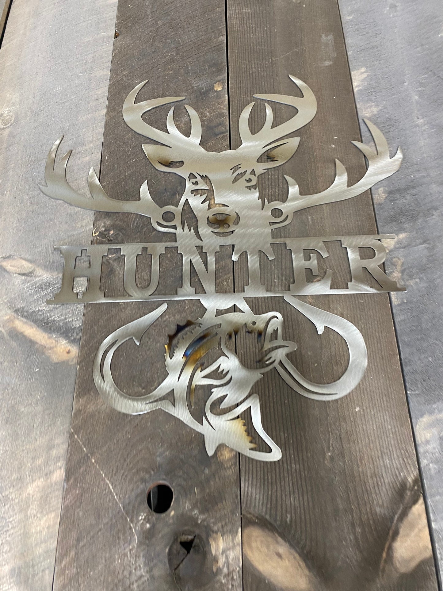 Hunting sign, fishing sign, white tail, bass fishing metal decor, personalized sportsman’s sign