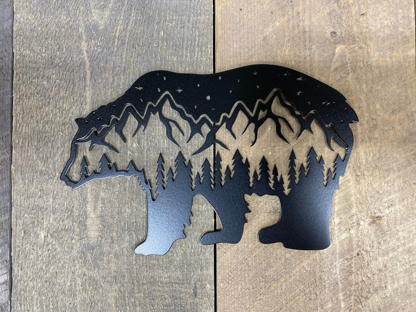 Bear with mountains and trees metal decor, cabin accent, rustic metal decor