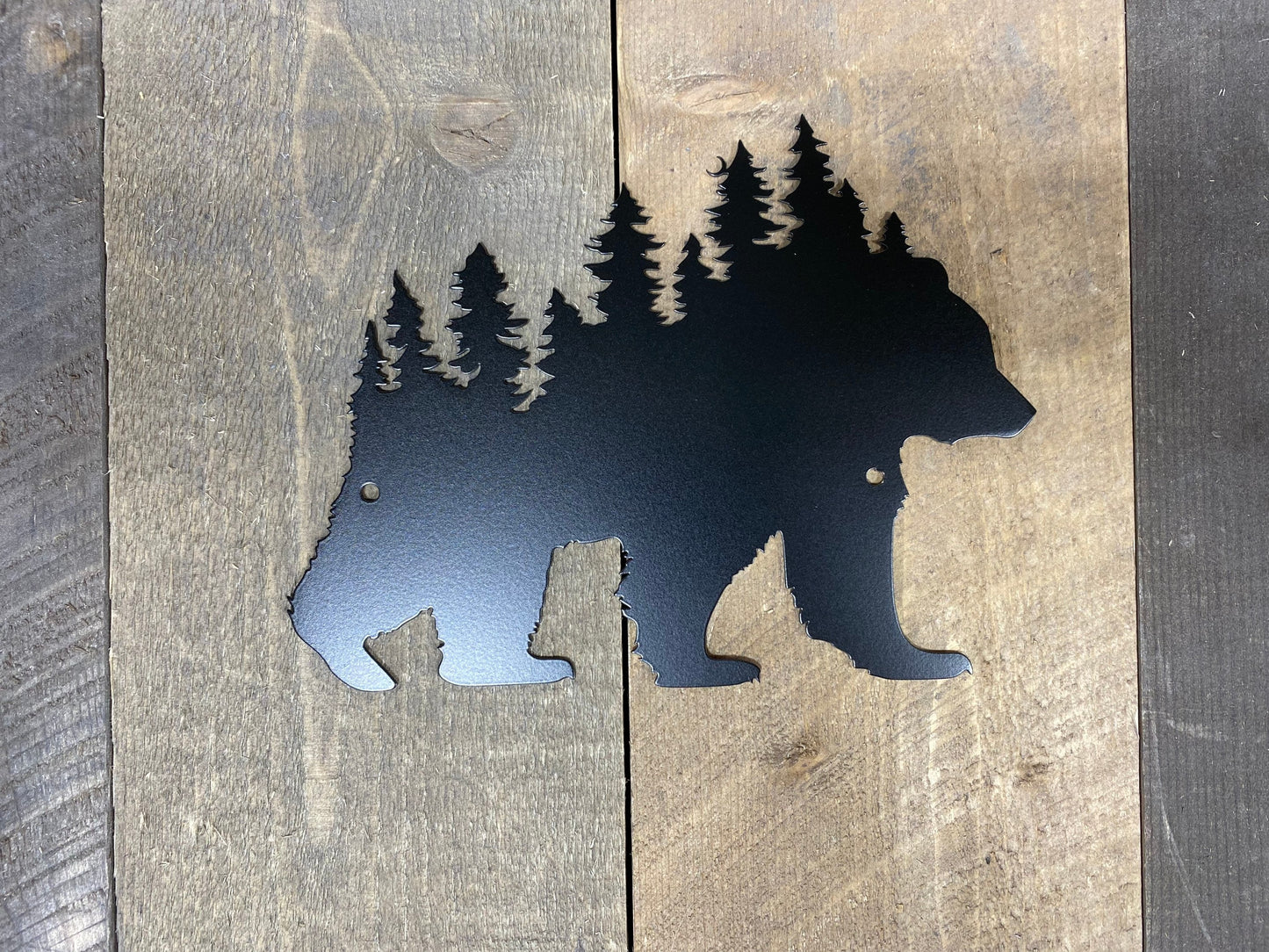 Bear with trees metal decor, cabin accent, rustic metal decor