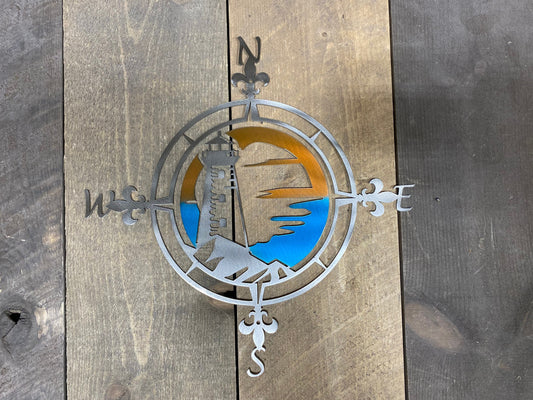 Lighthouse compass rose metal wall hanging, compass wall decor, navigation decor, lake life decor, beach house decor, lake house decor,