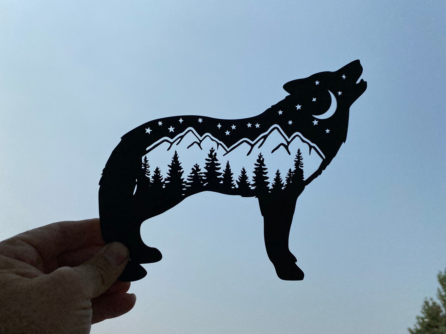 Wolf home decor, wolf metal decor, wolf with mountains and trees metal decor, cabin accent, rustic metal decor