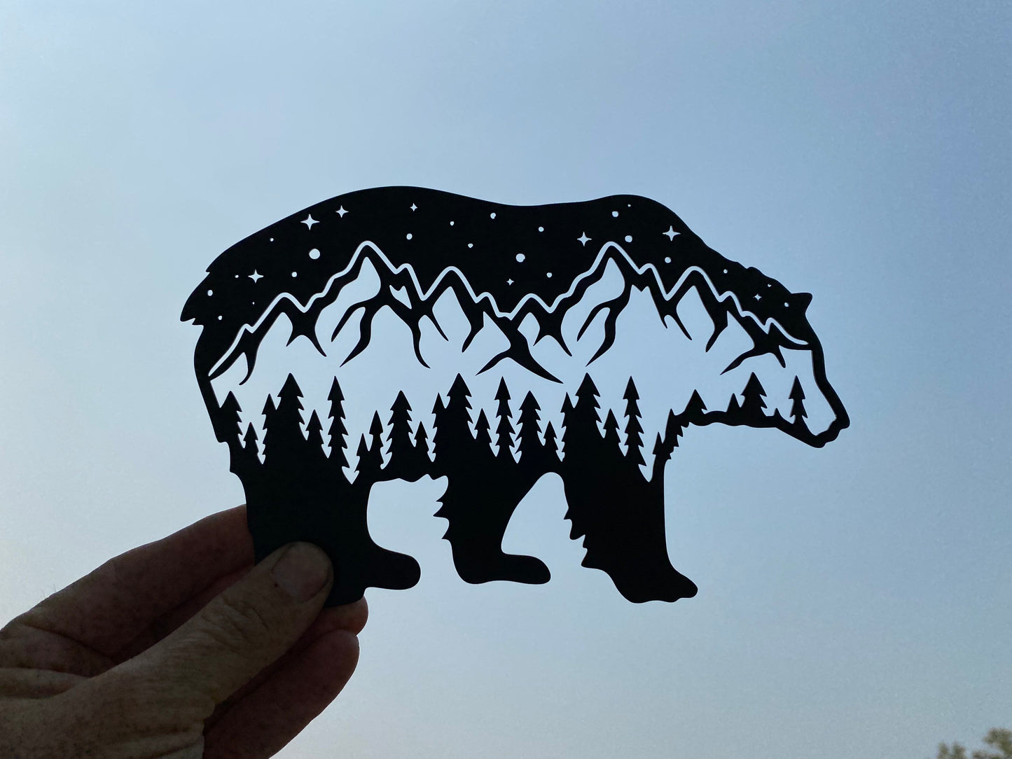 Bear metal art, bear cub art, bear with mountains and trees metal decor, cabin accent, rustic metal decor