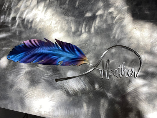 Metal feather with personalized name, personalized feather art, metal feather art, native decor